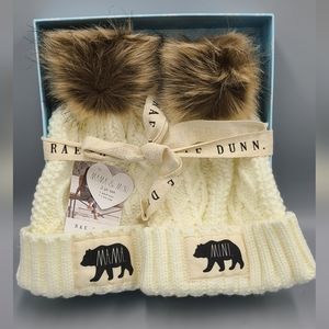 🤩 Rae Dunn "MAMA & MINI" Beanie Hat Set With Pom Pom in Ivory